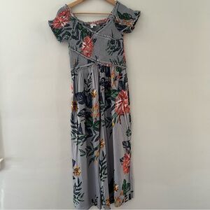 Patrons of Peace Jumpsuit Wide Leg Smocked Floral Tropical Gray Blue Size Small